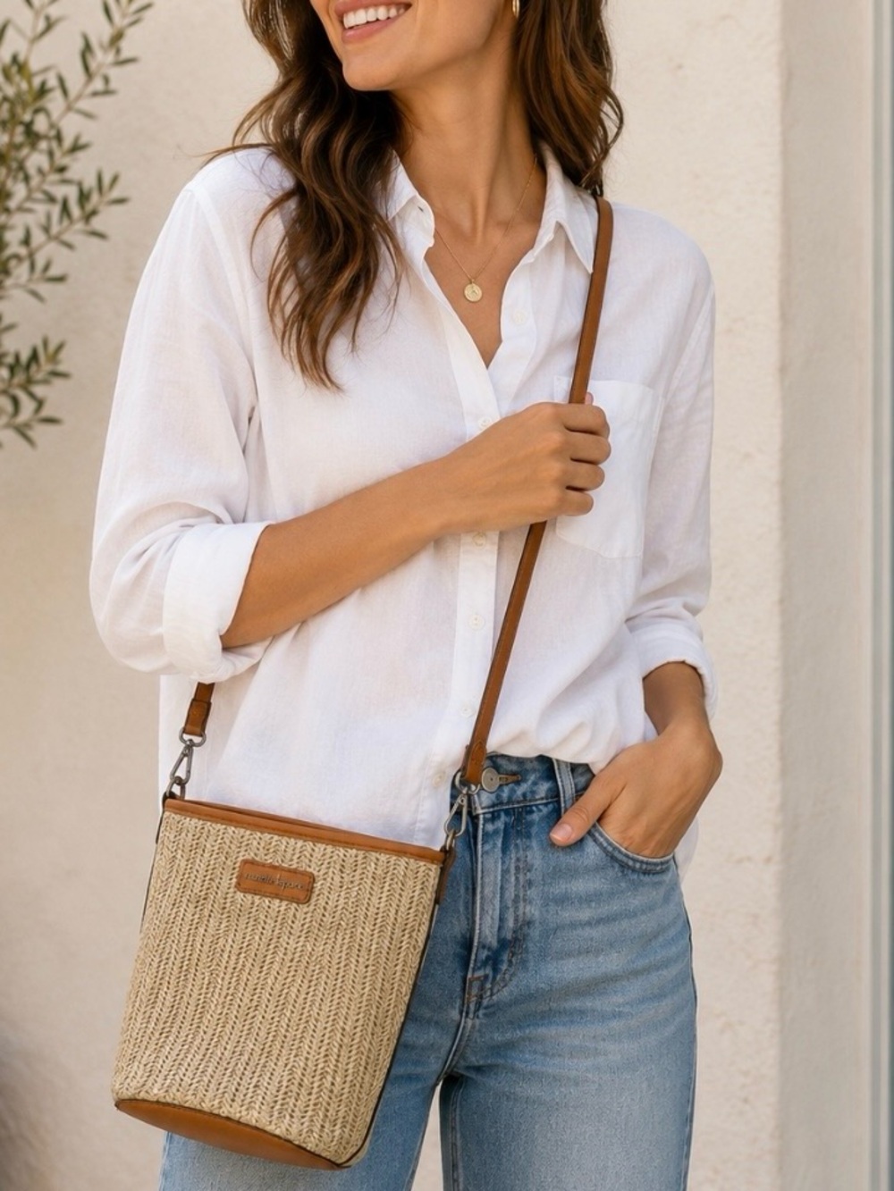 Nanette Lepore Woven Straw Crossbody Bucket Bag Tan Leather Strap Boho Beach